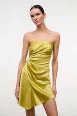 Citron yellow silk strapless ruched drape mini dress with asymmetrical hem