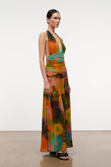 ALESSANDRA halter maxi dress in multicolor abstract print, sleeveless halter neckline