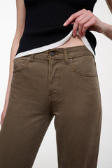 Greige straight-leg jeans with button-fly, belt loops, and front slash pockets