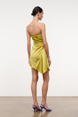 Citron yellow silk strapless mini dress, ruched back and draped skirt