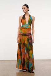 ALESSANDRA halter maxi dress with multicolor abstract print and ruched waist detail