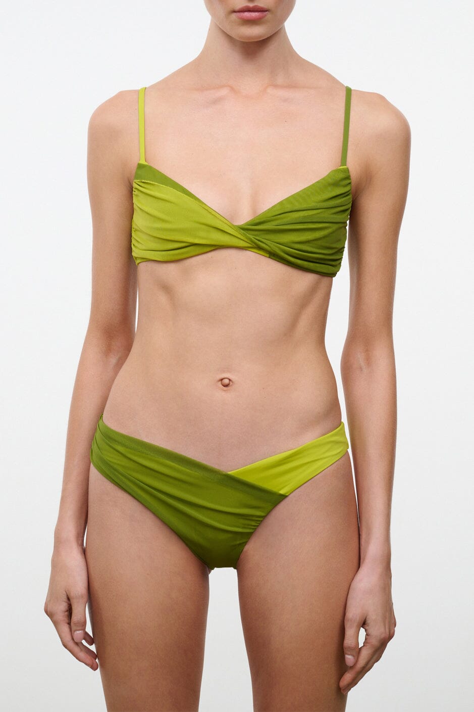Lime green bikini bottom with ruched crossover front and high-cut leg
