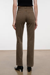 Greige straight-leg jeans, full-length view, with belt loops and back pockets