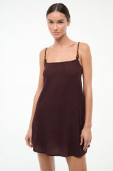 Dark chocolate mini coverup dress with spaghetti straps and straight mini hem
