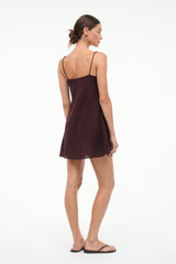 Dark chocolate mini coverup dress with open back and spaghetti straps