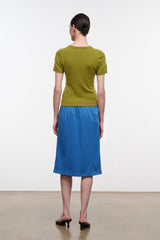 Blue midi skirt with elastic waistband and olive trim stripe; straight mid-calf hem.