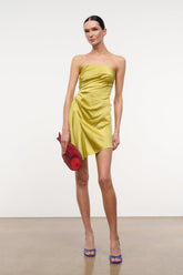 Citron yellow silk strapless mini dress with ruched waist and draped skirt