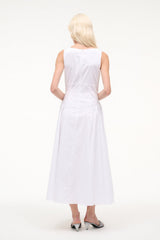 White sleeveless midi dress with V-back and gathered flare, rear view