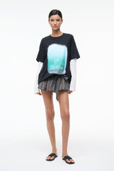 Pleated striped skirt with drawstring waist, vertical blue and gray stripes above knee