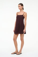 Dark chocolate mini coverup dress with adjustable spaghetti straps and trapeze skirt