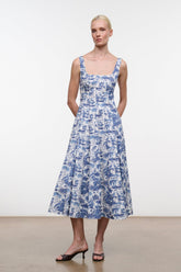 Blue toile print midi dress, sleeveless square neck, full skirt