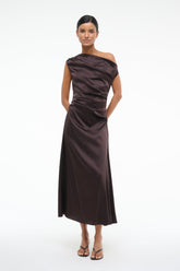 Silk midi dress in dark brown with diagonal one-shoulder design and gathered side