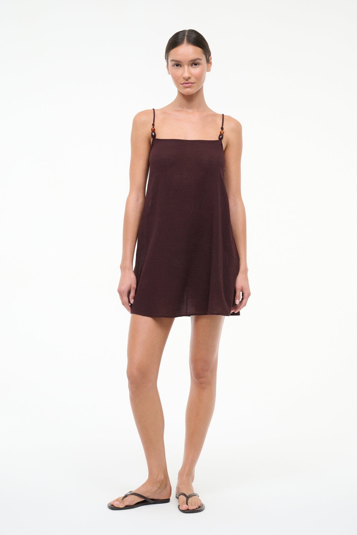 Dark chocolate mini coverup dress with scoop neckline and adjustable spaghetti straps