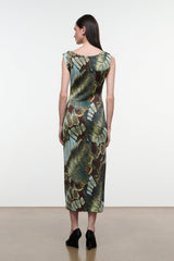 Back view sleeveless midi sheath dress with green-and-brown butterfly-moss print