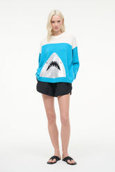 Crewneck sweater with oversized shark graphic, blue knit body and white stripe