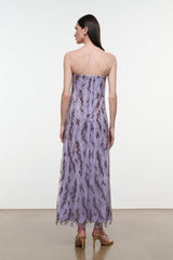 Lilac strapless maxi dress, black speckled print, sleeveless bandeau back view