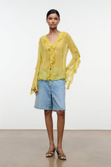 KELLCY citron ruffle V-neck top with layered sleeves and fringe hem