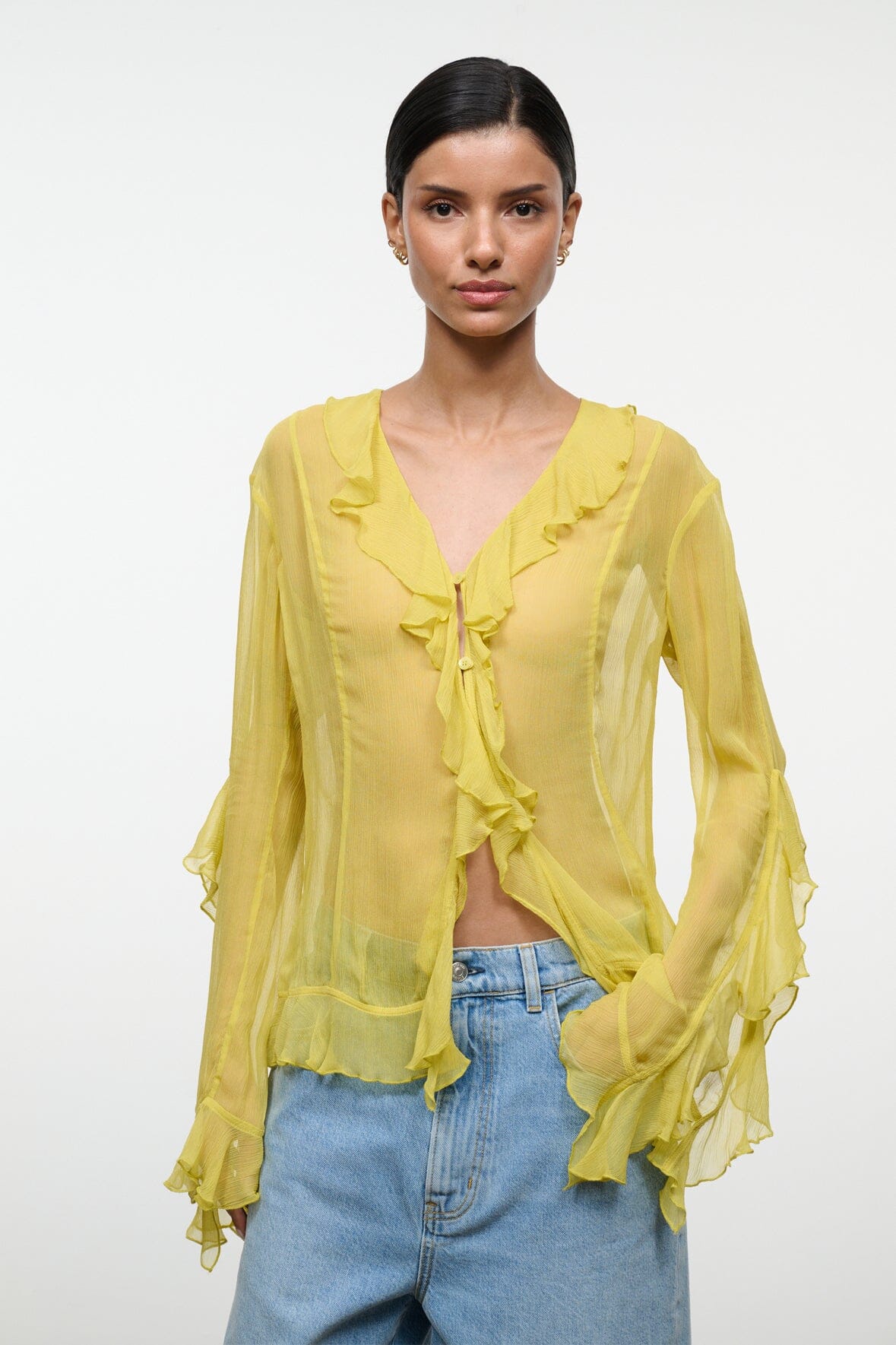Citron ruffle V-neck blouse with tie-front and flounced cuffs