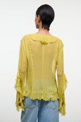 Citron ruffle back top with shoulder yoke and cascading cuffs