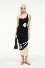 Ribbed midi dress with spaghetti straps, black base, ivory yin-yang graphic at hem