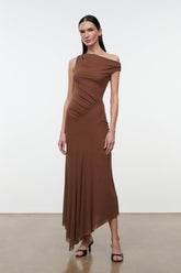 Brown one-shoulder draped dress with ruched bodice and asymmetrical midi hem