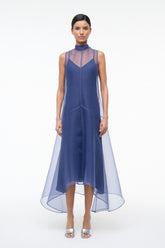 Navy sleeveless high-neck dress with layered sheer skirt hem