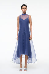 Navy sleeveless high-neck dress with layered sheer skirt hem