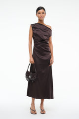 Silk midi dress in dark brown, sleeveless one-shoulder drape, fitted ruched bodice