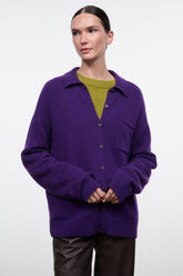 Purple cashmere button-front cardigan with collar and chest pocket, ribbed cuffs