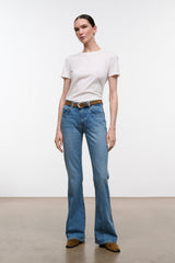 Light-wash blue flare jeans with belt loops, fly, and straight-leg flare