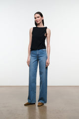 Blue wide-leg denim jeans with straight cut, belt loops, front pockets, mid rise