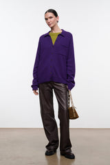 Purple cashmere cardigan with button-front, collar and chest pocket, ribbed hem