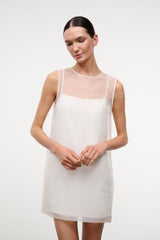 BREA dress in ivory, sleeveless mini shift with round neckline and sheer overlay