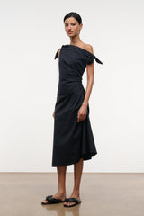 Black one-shoulder midi dress with draped neckline and side skirt flare