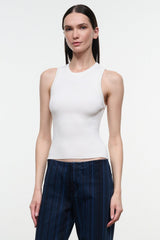 White ribbed tank top with crew neck and sleeveless cut