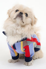 Dog sweater with navy, red, and yellow vertical stripe knit and ribbed cuffs