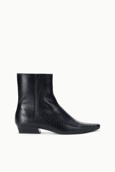 Black snake-embossed flat ankle boot with pointed toe and low block heel
