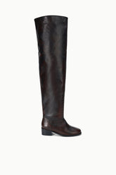 Over-the-knee boots, dark espresso distressed leather, rounded toe, low block heel