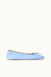 Light blue flat ballet flats with bow detail and low-profile sole