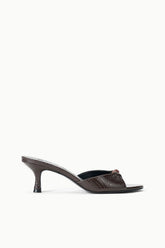 Espresso snake-print mule slide with open toe and stiletto heel