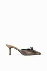 Black distressed mule with pointed toe, slim stiletto heel, and lace-up bow detail