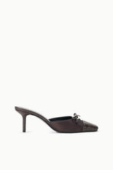 Espresso snake-pattern mule with tapered toe, lace-up vamp, and stiletto heel.