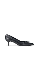 Black leather kitten heel pump with bow detail, side profile view