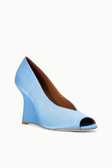 Sky-blue peep-toe wedge heels, side view with open toe and low wedge heel