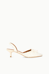 Ivory satin ballet slingback shoe with pointed toe and slim kitten heel