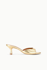 Gold metallic leather mule sandal with open toe and slender heel