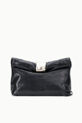 Black snake-texture cuff clutch with fold-over top and silver-tone clasp