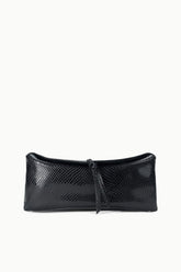 Black snake-embossed clutch with curved top flap and small wrist strap