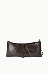 EVE clutch in dark brown snake-textured finish, with wrist strap and drawstring tie