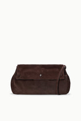 Espresso-brown oversized handbag with front flap and adjustable shoulder strap